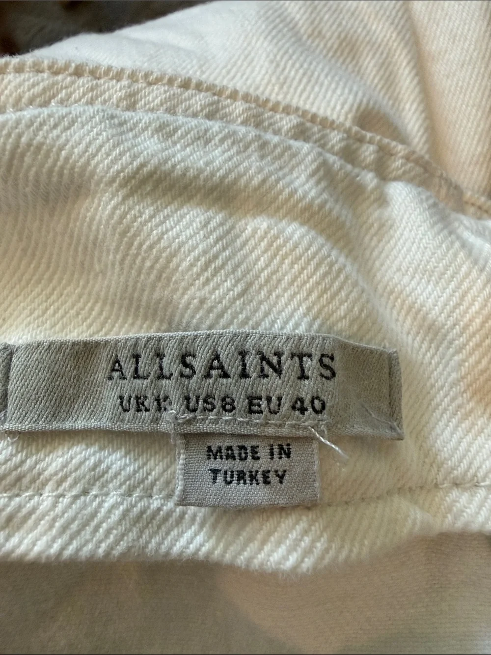 All Saints sz 8 High-Waist Paperbag Tie-Waist Pants Jean— White cinch good cond